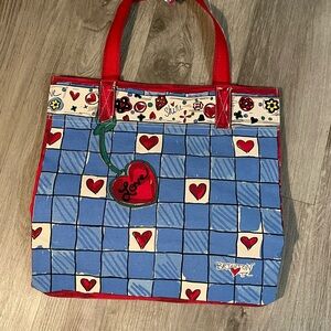 Brighton Blue Checkered Tote with Red Heart Accents